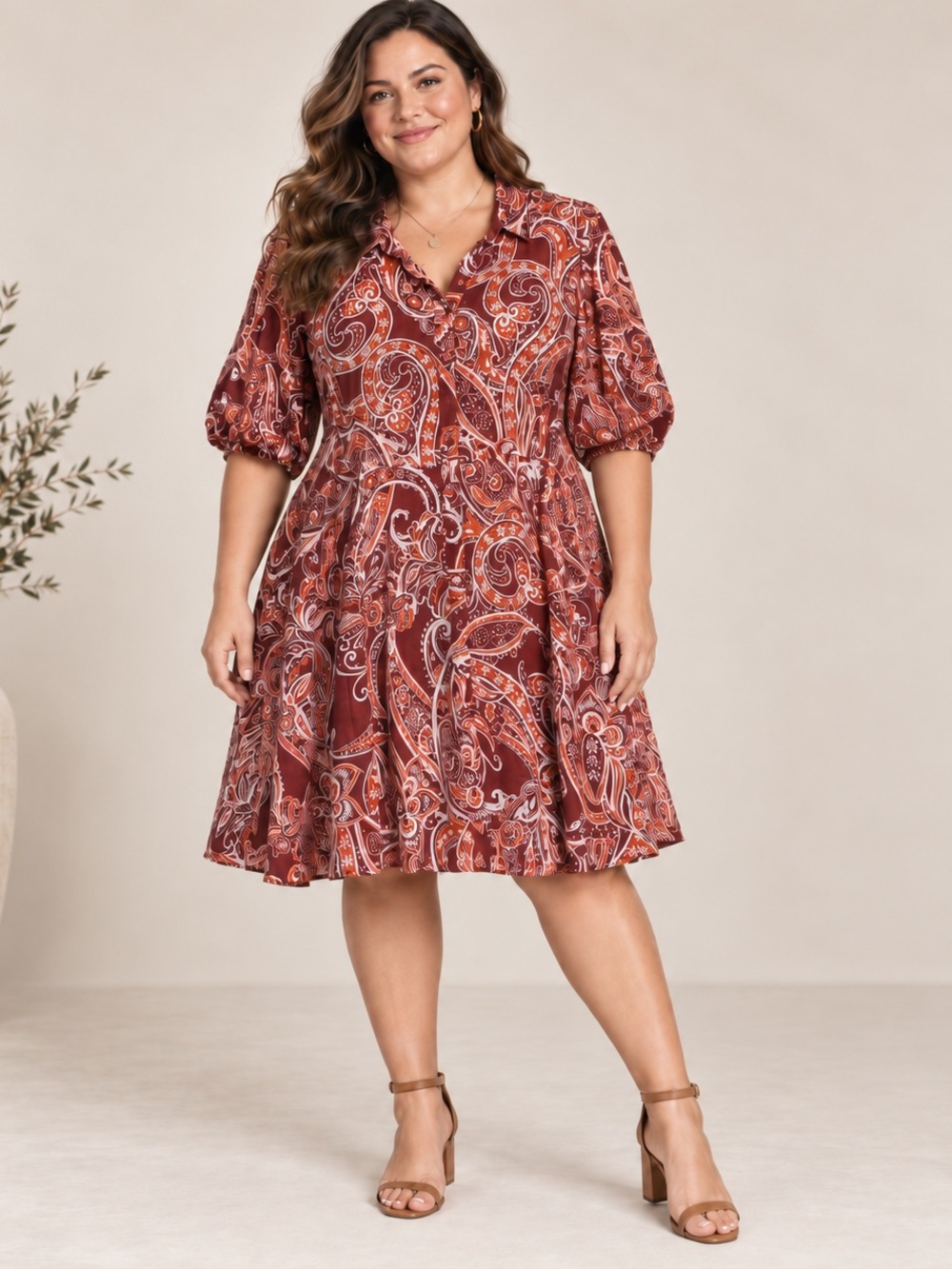 City Chic Paisley Linen Blend Button-Up Woven A-Line Shirt Dress Burgundy 20